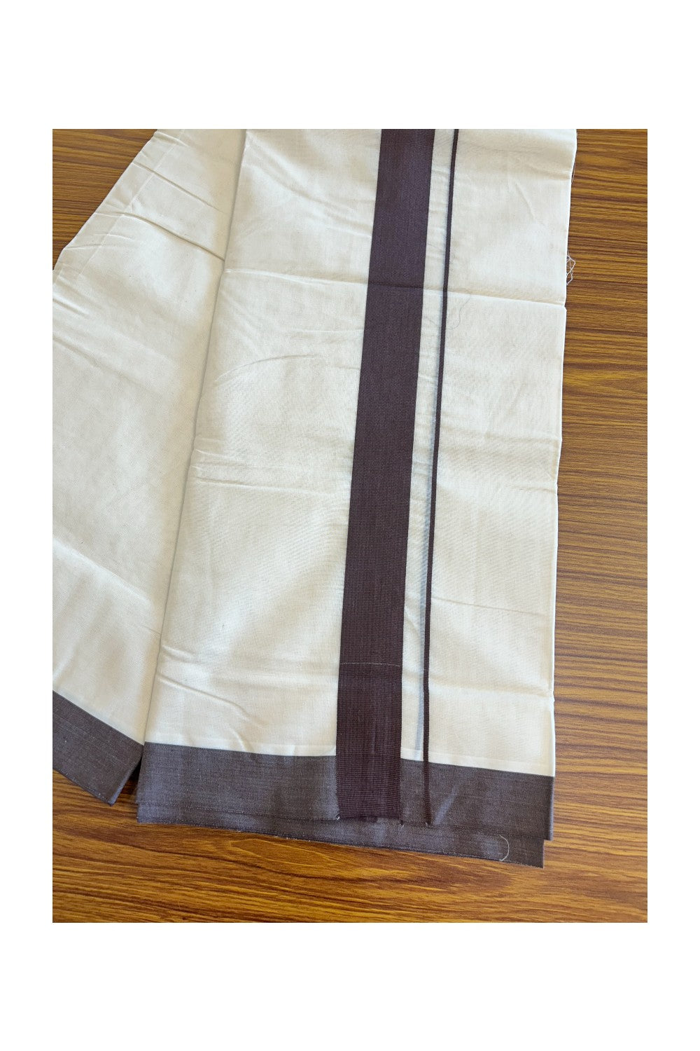 10% Discount KaithariKada Balaramapuram 100% Cotton Double Off white - (Unbleached) - Mundu/Dhoti- 100x100 - 2.25 inch Chocolate Brown Kara - 8