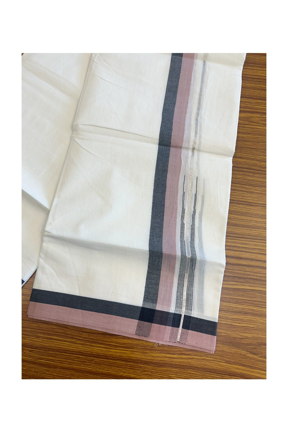 19% Discount!!! KaithariKada Balaramapuram  Double Off white - (Unbleached) Mundu/Dhoti - 80X90 - 1.5 inch Black & Dusty Rose Silver Chutty Kara 3.85 meters - 21KK5058GUN