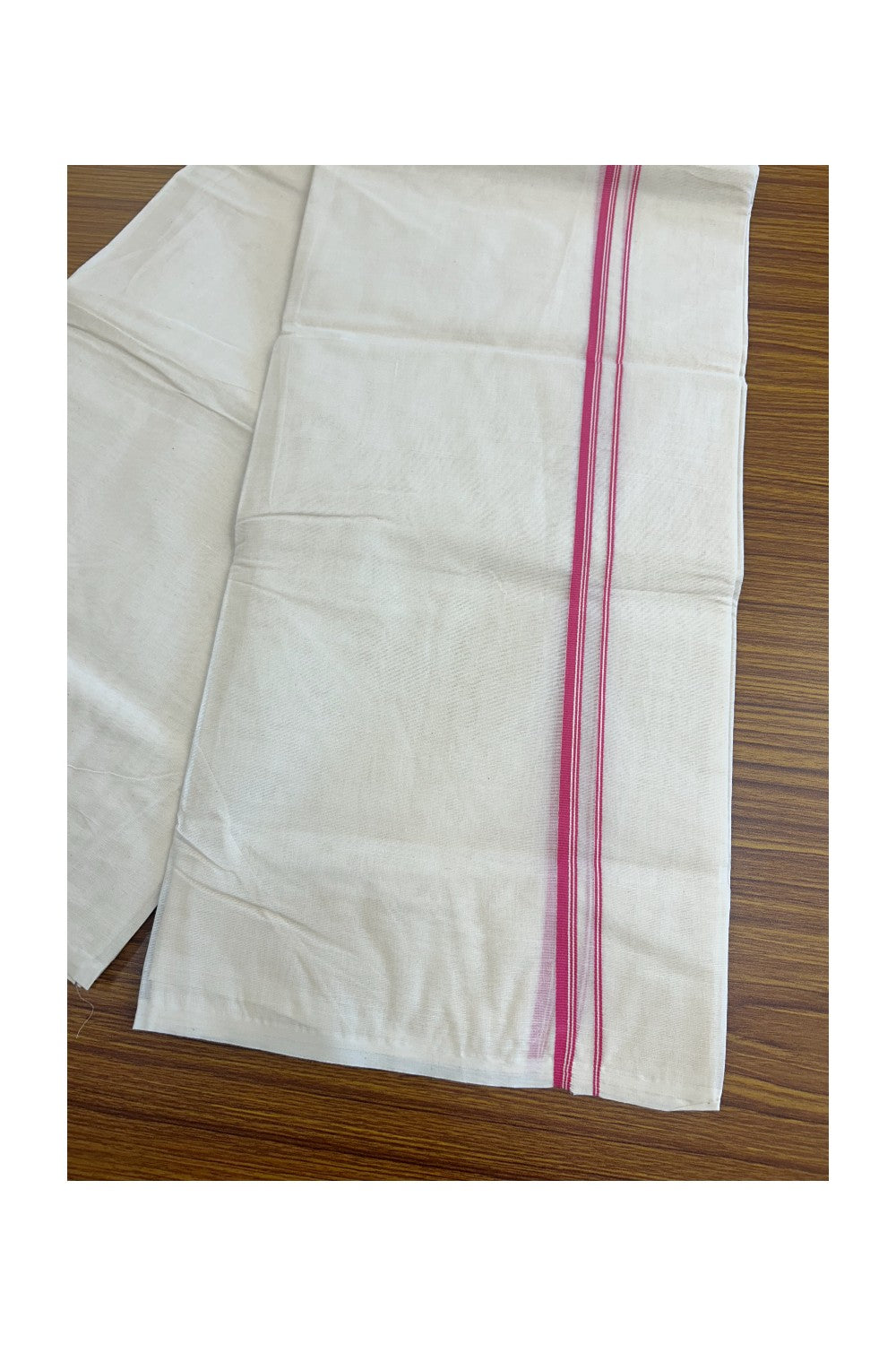 10% DISCOUNT ! KaithariKada Balaramapuram 100% Cotton Double Off white (Unbleached) Mundu/Dhoti-100X100-  DARK PINK  & STRIPES 1.cm  Kara.- 15/1123ASH011.1