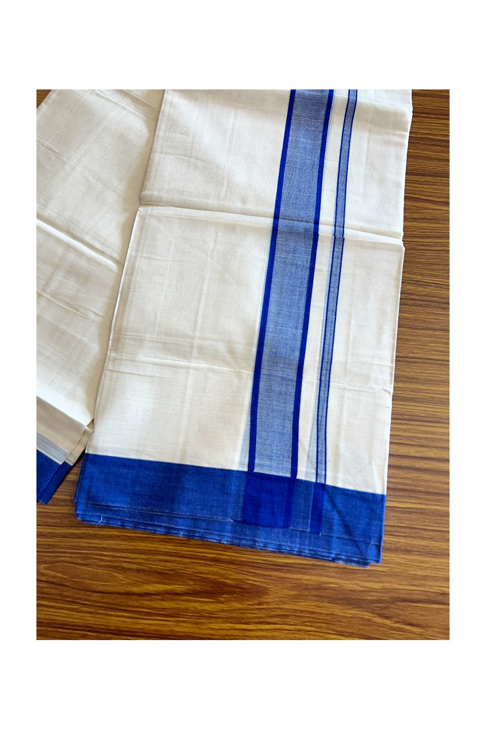 10% DISCOUNT ! KaithariKada Balaramapuram 100%  Cotton Double Off white - (Unbleached) Mundu/Dhoti - 100X100 - 2.25 inch NAVY BLUE Kara - 21KK5063KK