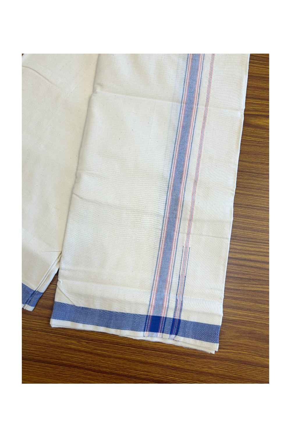 32% Discount ! KaithariKada 100% Cotton Balaramapuram HANDLOOM Single Mundu/Dhoti - Off White (Unbleached) 1.Inch (2 meter / 4 muzham) Blue & Red Stripes Kasavu Puliyilakkara Chutty.