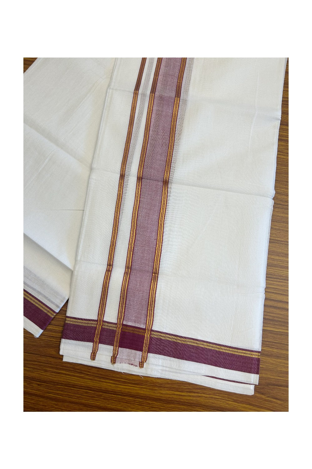 15% Discount! KaithariKada HANDLOOM Kuthampully 100% Cotton PURE WHITE Double Mundu/Dhoti-100x100 2.75inch Vine Purple & Kasavu Kara- Onam Collection-45