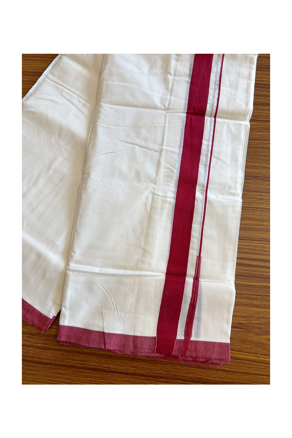 21% DISCOUNT!! KaithariKada HANDLOOM Unakkupaavu Balaramapuram - 100% PURE Cotton OFF White (Unbleached) Double Mundu/Dothi - 1.25 inch puliyilakkara Maroon Red chutty- 18KK400ASH