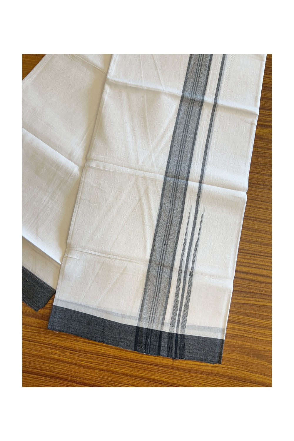 25% DISCOUNT!!! KaithariKada Balaramapuram 100% Cotton Double PURE white Mundu/Dhoti - 80X80 - 1.5 Inch Black & White shaded centre stripes Chutty kara - 21KK5108GAN