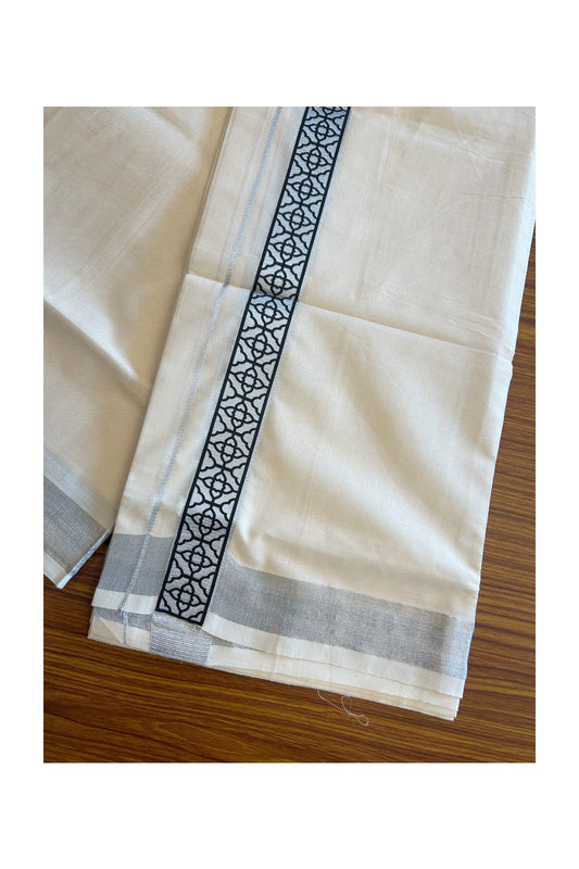 20% DISCOUNT ! KaithariKada Balaramapuram Mixed Cotton Double off white (Unbleached) Mundu/Dhoti - 80x80 thread- 2 inch Silver kasavu & Black design kara - 21KK5113PMC