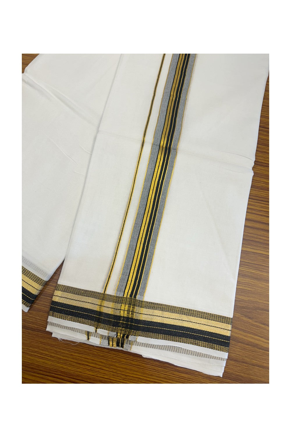 16% DISCOUNT! KaithariKada Balaramapuram 100% Mercerised Cotton Double PURE white Mundu/Dhoti - 100x100  1.25 inch Black & Kasavu stripes Kara - 21KK5135GAN