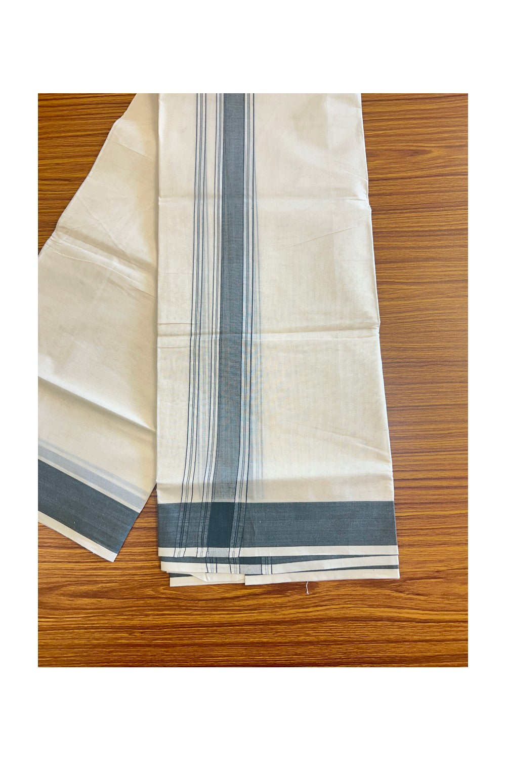 10% DISCOUNT! KaithariKada Balaramapuram 100% Cotton Double Off white (Unbleached) Mundu/Dhoti-100x100 Dark gray Stripes Kara - 21KK78PMC