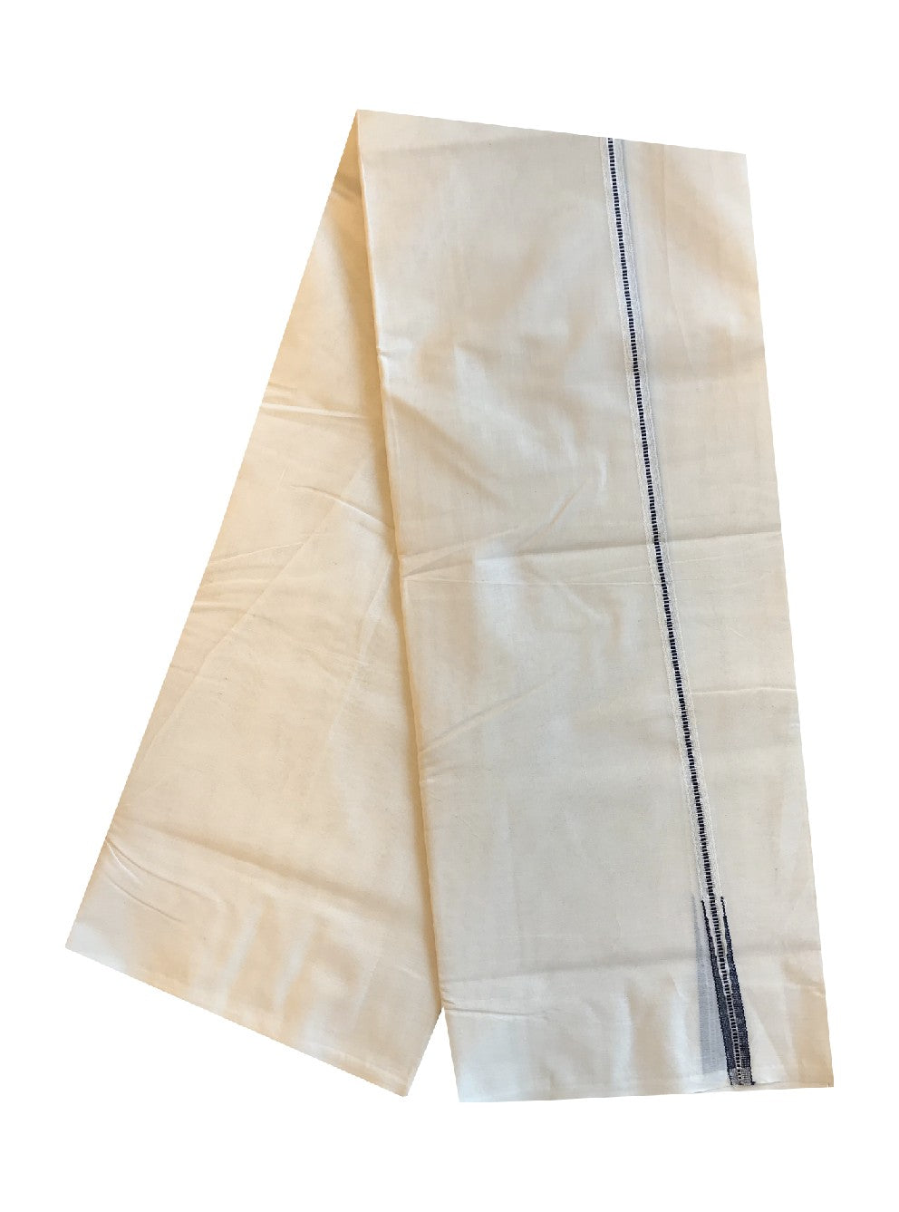 23% DISCOUNT! KaithariKada Balaramapuram 100% Cotton Double Off white Mundu/Dhoti-100x100 Chutty Puliyilakkara Muthukuri Silver Kasavu & NAVY BLUE 1.5 cm   Kara-7.