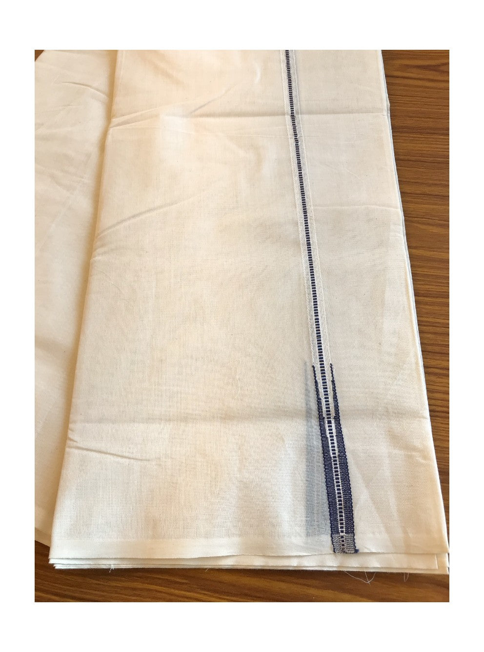 23% DISCOUNT! KaithariKada Balaramapuram 100% Cotton Double Off white Mundu/Dhoti-100x100 Chutty Puliyilakkara Muthukuri Silver Kasavu & NAVY BLUE 1.5 cm   Kara-7.