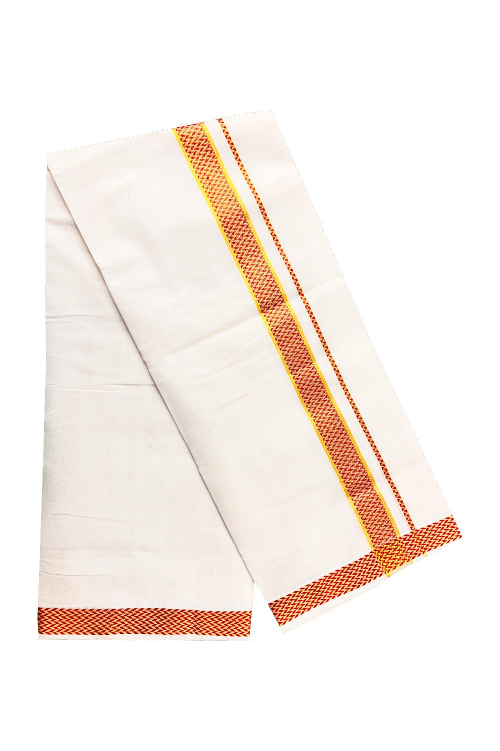 18 % DISCOUNT ! KaithariKada HANDLOOM Unakkupaav Balaramapuram - 100% PURE Cotton 3.75  Off White Double Mundu/Dhoti - Brick Red Check & KASAVU DESIGN 2.5 Inch  KARA- ABH22