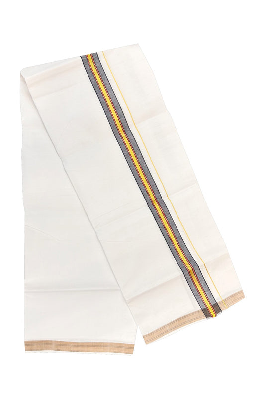 20% OFFER! KaithariKada 100% Cotton Balaramapuram HANDLOOM Single  PURE WHITE Mundu/Dhoti - 2 inch Black  Kasavu Kara & Red Stripes Design - 22KAI.