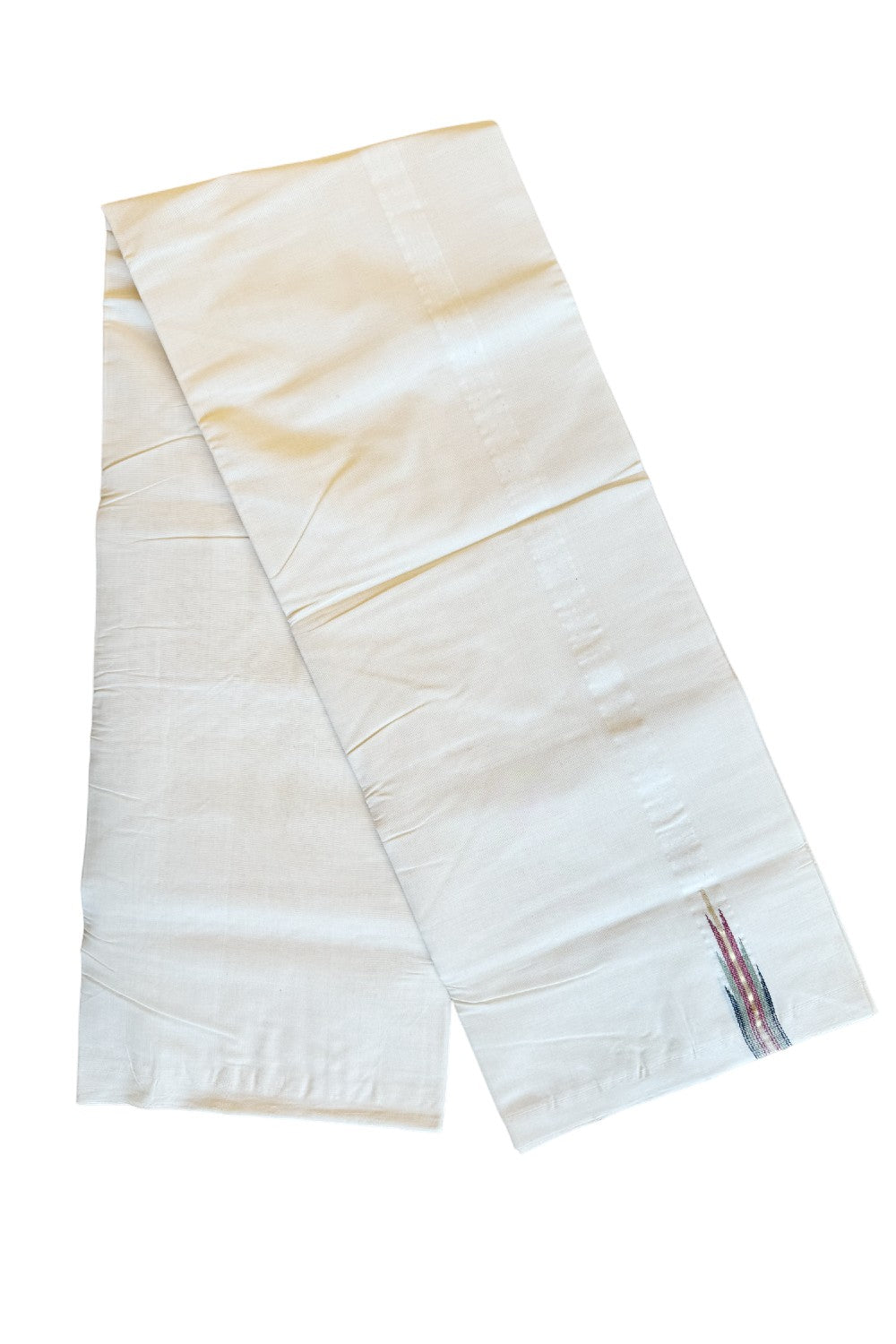 21% DISCOUNT!! KaithariKada HANDLOOM Millpaav Balaramapuram - 100% PURE Cotton OFF White (Unbleached) Double Mundu/Dothi - Multi colour temple chutty - 22KK203RAM