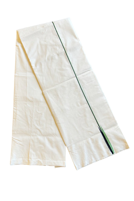 28% DISCOUNT ! KaithariKada Balaramapuram 100%  COTTON SINGLE OFF WHITE Mundu/Dhoti-100X100- 0.5 Inch  Puliyilakkara Light Green & Black Chutty- 22KK411ASH