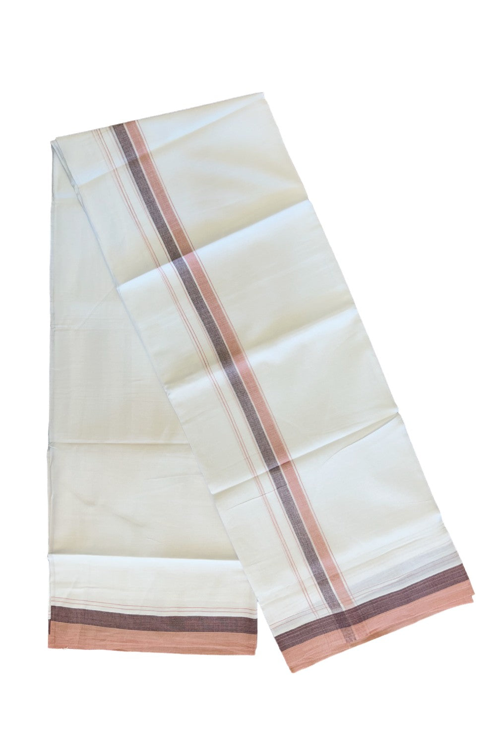 15% DISCOUNT!! Kaitharikada Balaramapuram 100% Cotton Ultra WHITE Double Mundu/Dothi-100x90  2 Inch Brown & Peach kara - 22KK430VAS