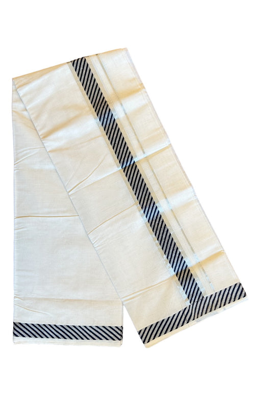 20% DISCOUNT!! KaithariKada HANDLOOM UNAKKUPAAV Balaramapuram - 100% PURE Cotton OFF White Double Mundu/Dothi - 2.75 Inch Navy Blue & silver pattern Kara - 22KK456KK