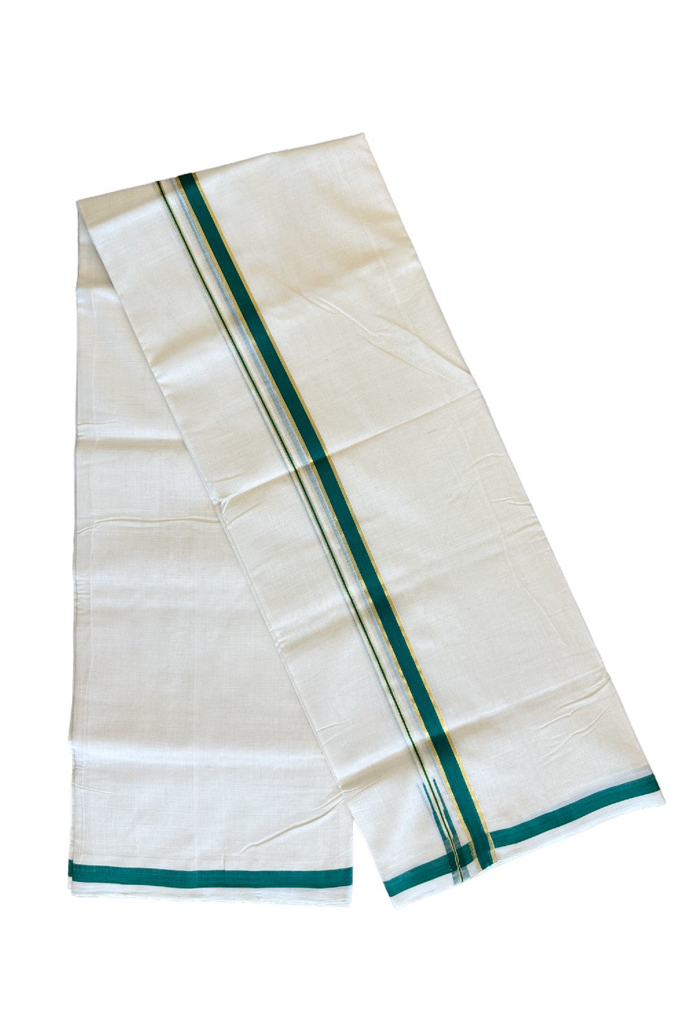 15% Discount!!! KaithariKada HANDLOOM UNAKKUPAAV Balaramapuram - 100% PURE Cotton off white (Unbleached) Double Mundu/Dhoti - 2 cm Green & kasavu Puliyilakkara chutty - 22KK458SOM