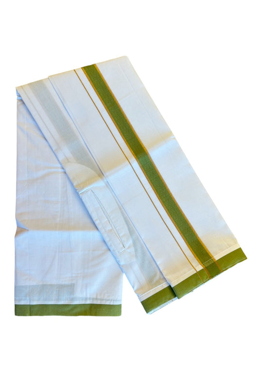 KaithariKada Balaramapuram  COTTON SINGLE PURE WHITE VELCRO Mundu/Dhoti - 1.75inch Green & Kasavu kara - 22KK485SRI