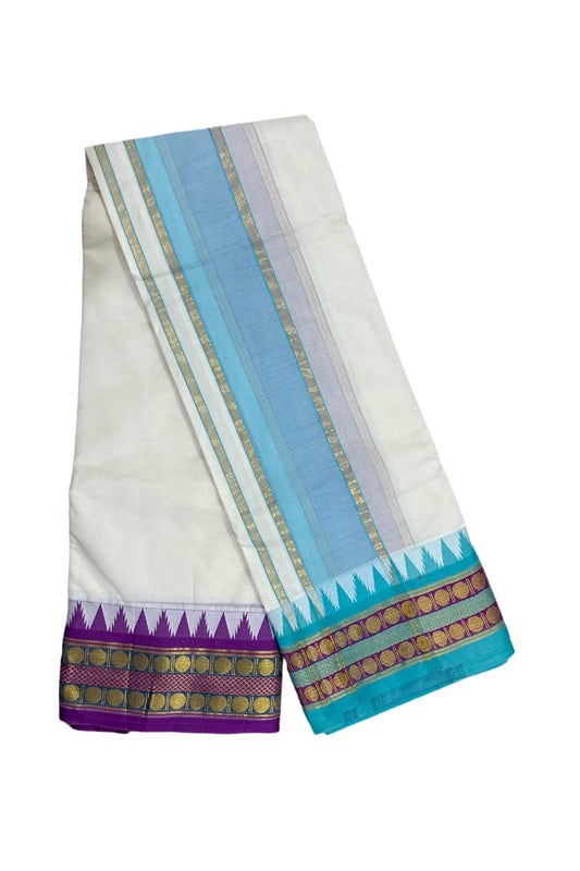 36% DISCOUNT! KaithariKada Cotton Mix  Off White - (Unbleached)- 80x80 thread -80% Cotton & 20% Polyester - NORTH INDIAN  ATTACHED GAMCHA 9X5 Dhoti 5 inch Blue kara with Violet Kasavu border  - 22KK5005PMC