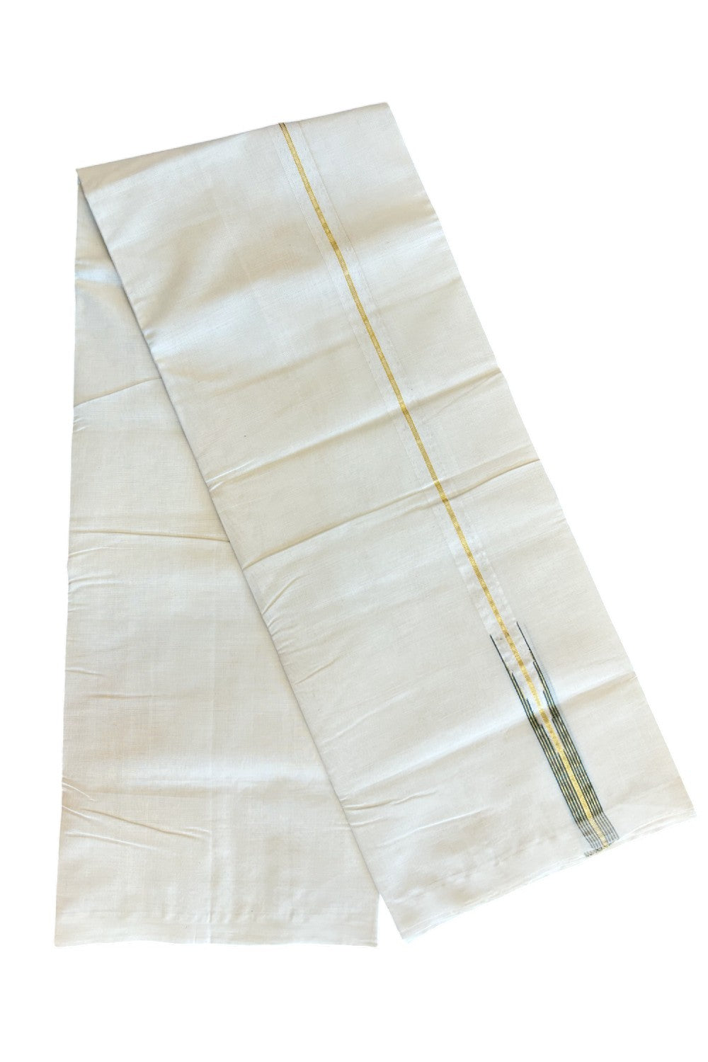 15% DISCOUNT!! KaithariKada HANDLOOM Millpaav Balaramapuram - 100% PURE Cotton OFF White - (Unbleached) Double Mundu/Dothi - 1 inch puliyilakkara Kasavu & Green striped chutty - 22KK5011RAM