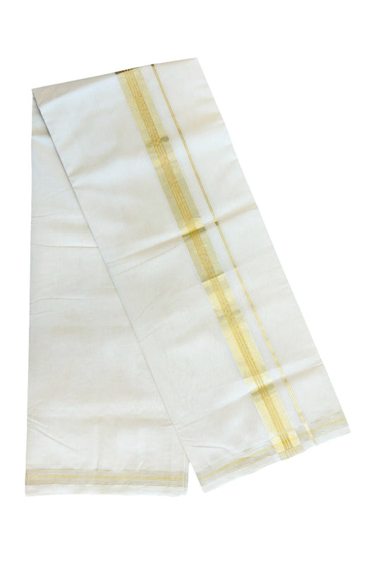 8% DISCOUNT ! KaithariKada HANDLOOM Millpaav Balaramapuram - 100% PURE Cotton Off White - (Unbleached) Double Mundu/Dhoti - 2.5 inch Gold Kasavu & Silver Striped Kara - 22KK5029RAM