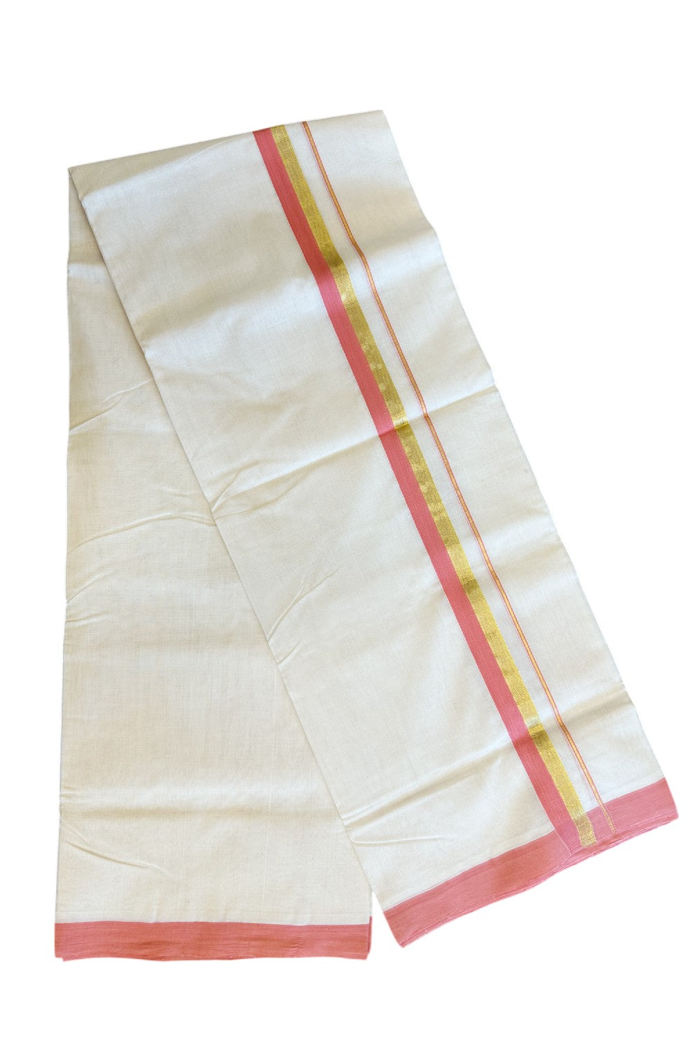 15% KaithariKada HANDLOOM UNAKKUPAAV Balaramapuram - 100% PURE Cotton Off white (Unbleached) Double Mundu/Dhoti - 1.5 inch  Peach Kara & Gold Kasavu-85