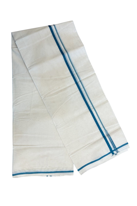 21% DISCOUNT !! KaithariKada Balaramapuram 100% Cotton Double Off white - (Unbleached) - Mundu/Dhoti-100x100 - 1 cm Puliyilakkara Chutty Green + Blue Kara - 69