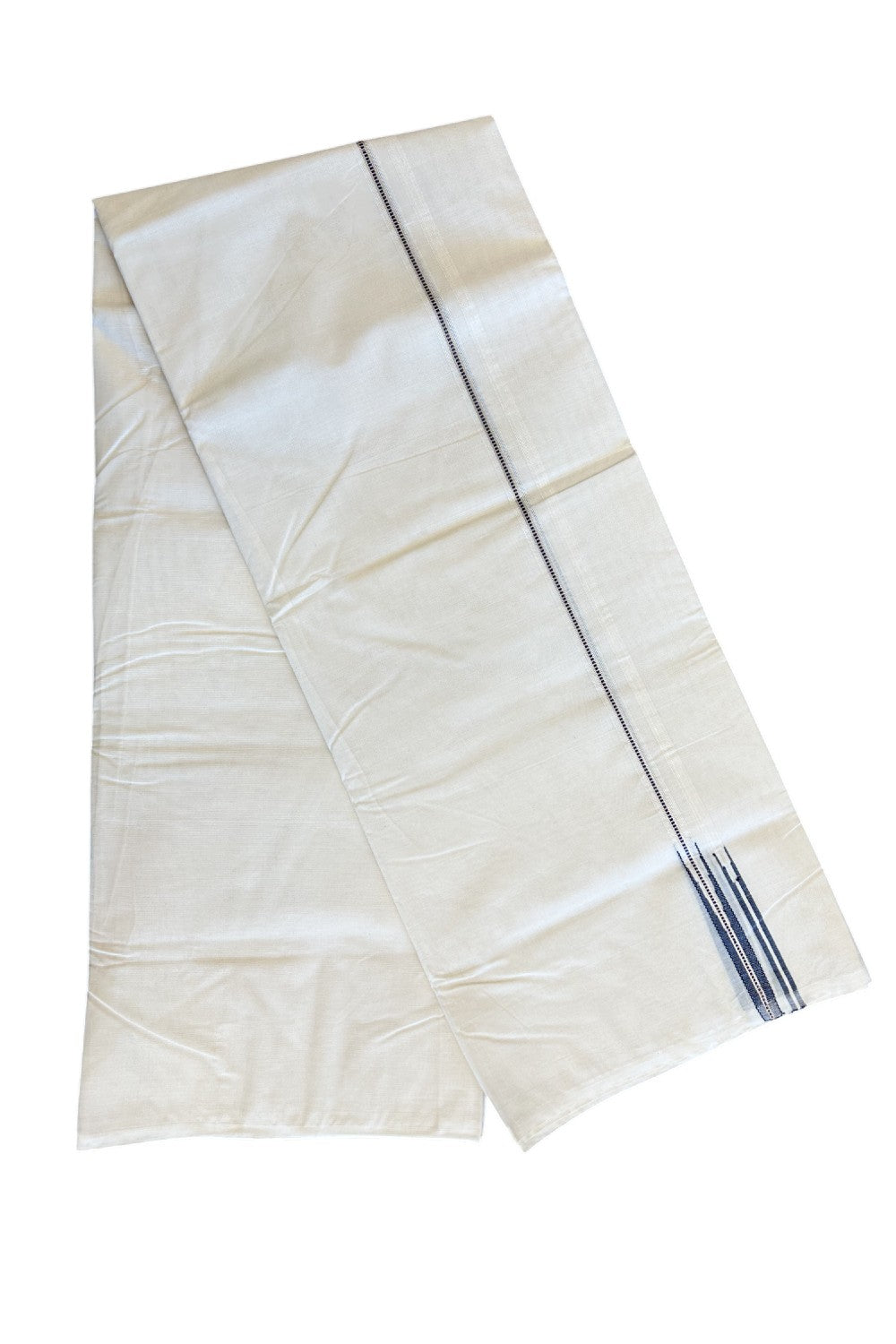 23% Discount !! KaithariKada Balaramapuram 100% Cotton Double Off white - (Unbleached) Mundu/Dhoti-100x100 0.5 inch Puliyilakkara Muthukuri Silver Kasavu & Navy Blue Double Chutty Kara - 22KK5045ASH