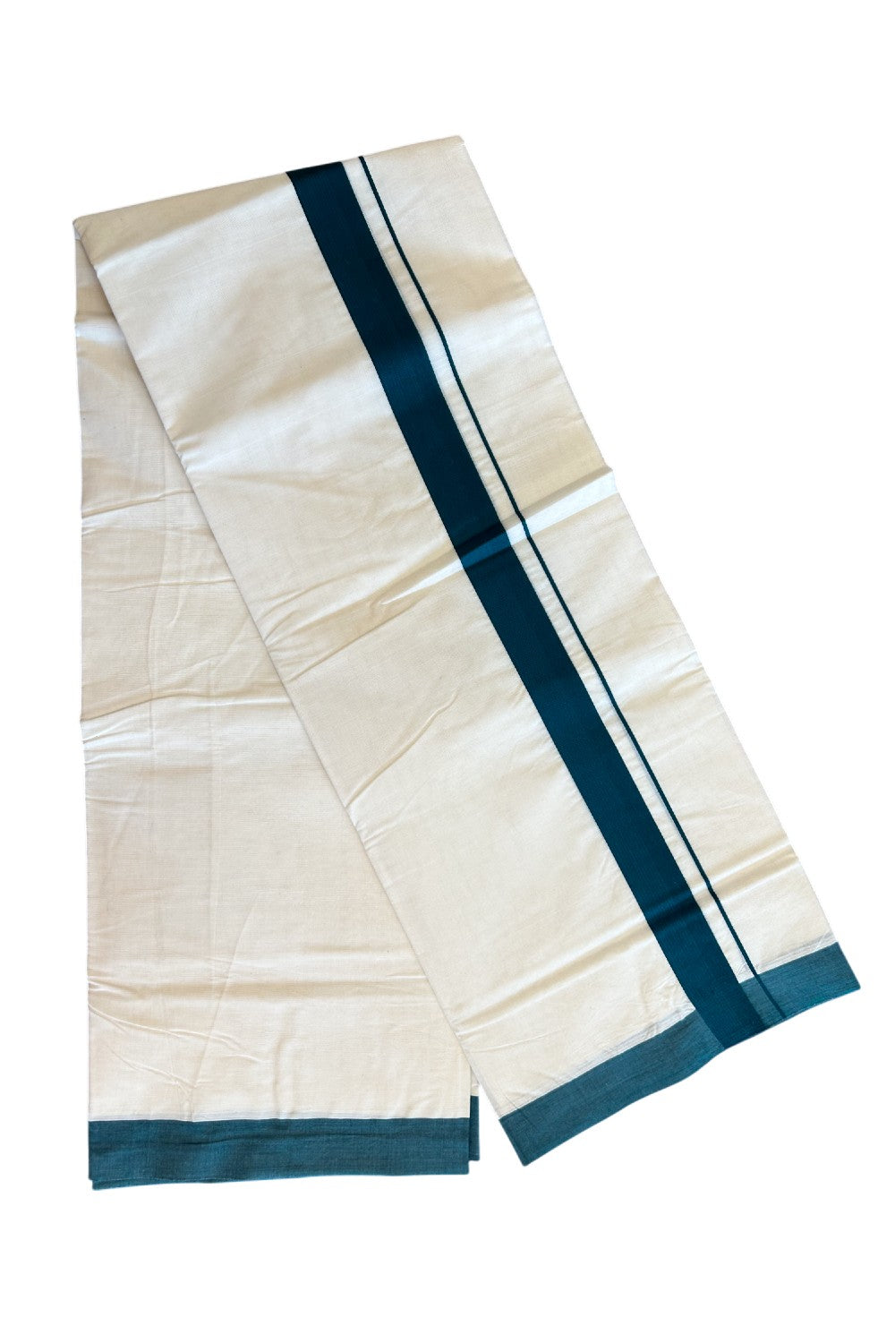 15% Discount KaithariKada Balaramapuram 100% Cotton Double Off white - (Unbleached) - Mundu/Dhoti- 100x100 - 1.75 inch Dark Green Kara - 7