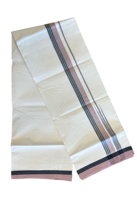 19% Discount!!! KaithariKada Balaramapuram  Double Off white - (Unbleached) Mundu/Dhoti - 80X90 - 1.75 inch Black & Dusty Rose Silver puliyilakkara chutty Striped Kara 3.85 meters - 23KK5058GUN