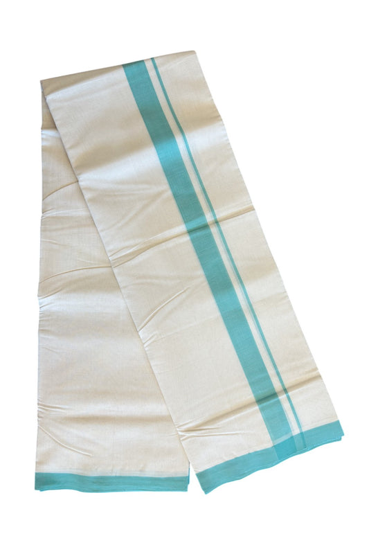 15% Discount! KaithariKada Balaramapuram Handloom 100% Millpaav Cotton Double Mundu/Dhoti Off white (Unbleached) -100x100 Light Turquoise Green Mulloth Border 3.60m- KK30RAM