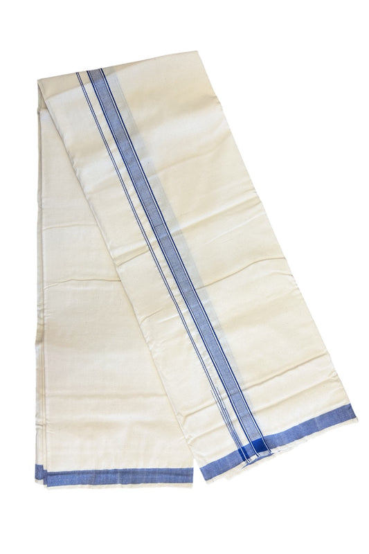 30% Discount ! KaithariKada 100% Cotton Balaramapuram HANDLOOM Single Mundu/Dhoti - Off White (Unbleached) 1.Inch Blue Striped Puliyilakkara Chutty.