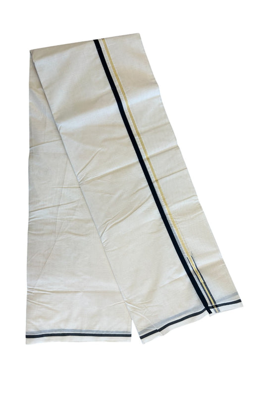 14% Discount!!! KaithariKada Balaramapuram 100% Cotton off white (Unbleached) Double Mundu/Dhoti-100x100  1.cm Chutty Black & Kasavu-28