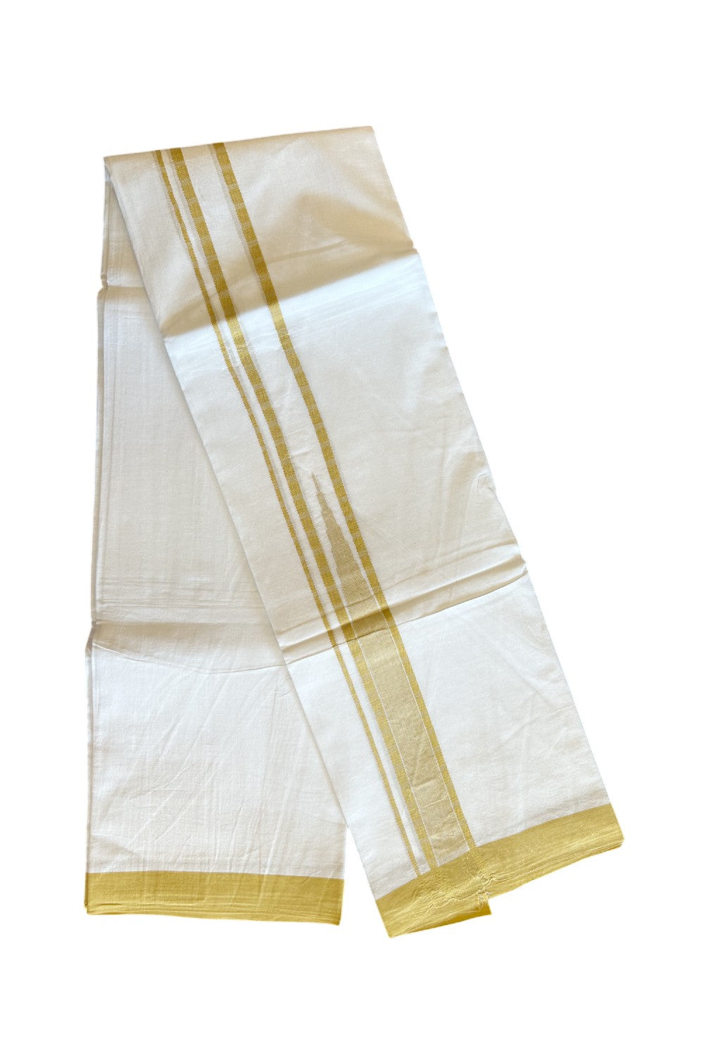 20% DISCOUNT!! KaithariKada Balaramapuram 100% Cotton PURE WHITE Double Mundu/Dhoti - 100x80 - 1.5 inch Mustard Yellow Temple striped Chutty kara -22KK5109THI