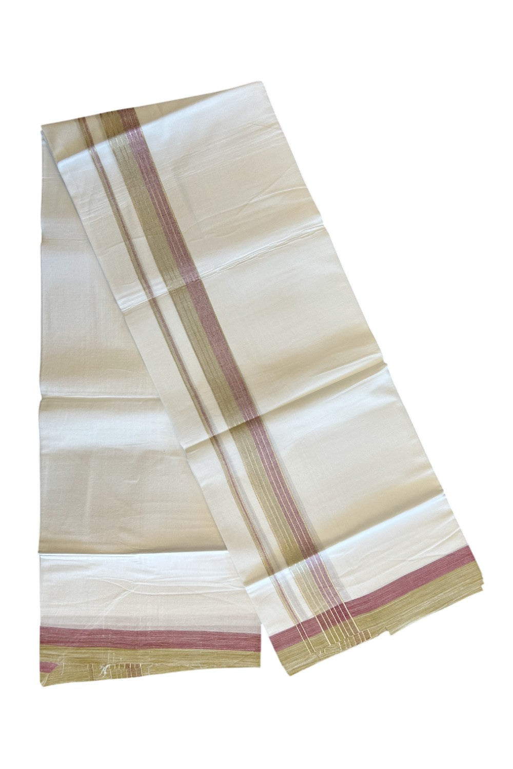 20% Discount !! KaithariKada Balaramapuram Double PURE WHITE Mundu/Dhoti- 100x80 - 2.25 inch Purple & Olive Green Shaded with Silver Striped kara - 3.90 mtr - 22KK5112PMC