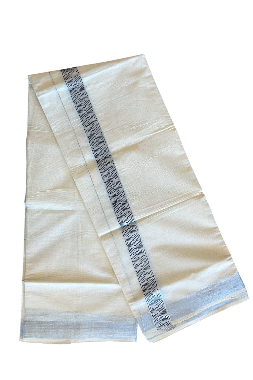 20% DISCOUNT ! KaithariKada Balaramapuram Mixed Cotton Double off white (Unbleached) Mundu/Dhoti - 80x80 thread- 2.25 inch Silver kasavu & Black design kara - 22KK5113PMC