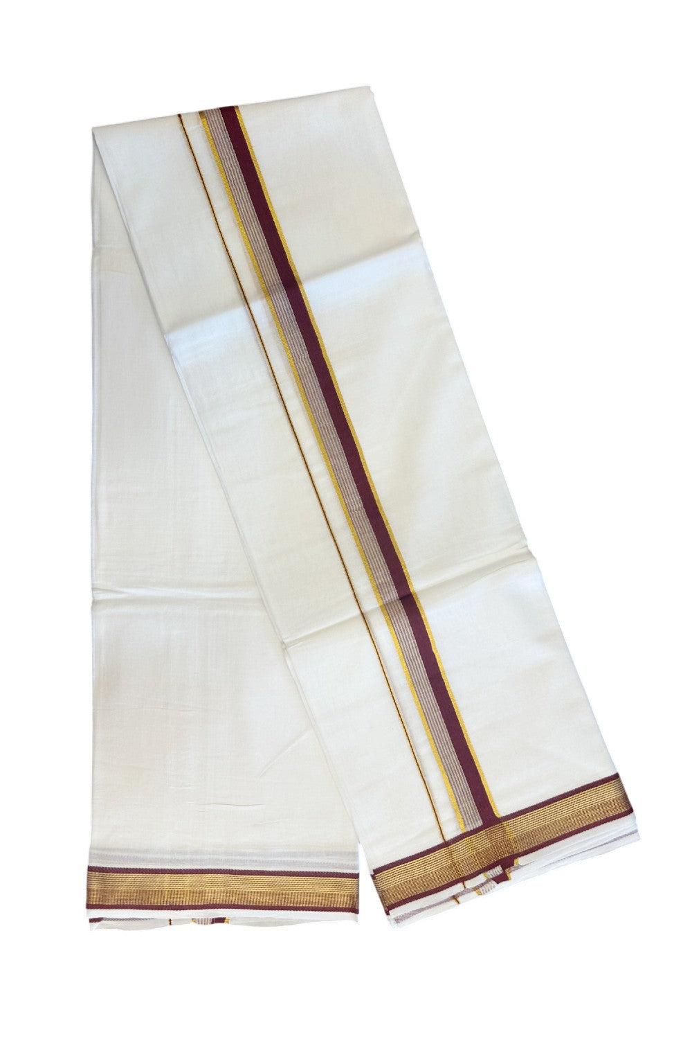 16% DISCOUNT! KaithariKada Balaramapuram 100% Mercerised Cotton Double PURE white Mundu/Dhoti - 100x100  1.25 inch Maroon & Kasavu stripes Kara - 22KK5135GAN