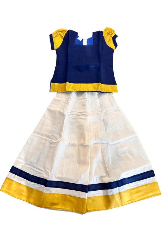 Midukki-Traditional South Indian Kids Pattu Pavada- Navy blue top with emboss work offwhite  skirt with kasavu- Age 10 - KK10MID0022