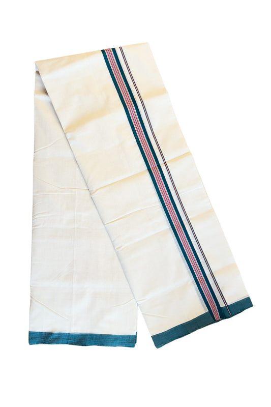 15% DISCOUNT!! KaithariKada HANDLOOM Unakkupaavu Balaramapuram - 100% PURE Cotton OFF White (Unbleached) Double Mundu/Dothi -  PEACOCK GREEN + RED  Striped 1 inch Kara- KK46SOM-22.