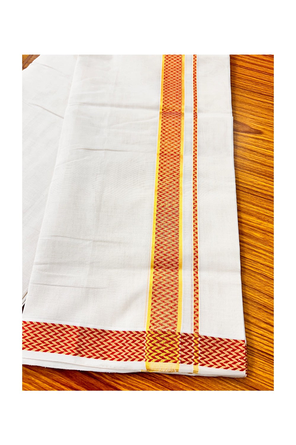 18 % DISCOUNT ! KaithariKada HANDLOOM Unakkupaav Balaramapuram - 100% PURE Cotton 3.75  Off White Double Mundu/Dhoti - Brick Red Check & KASAVU DESIGN 2.5 Inch  KARA- ABH22