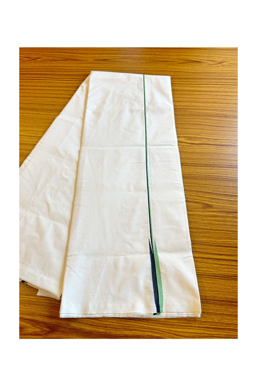 28% DISCOUNT ! KaithariKada Balaramapuram 100%  COTTON SINGLE OFF WHITE Mundu/Dhoti-100X100- 0.5 Inch  Puliyilakkara Light Green & Black Chutty- 22KK411ASH