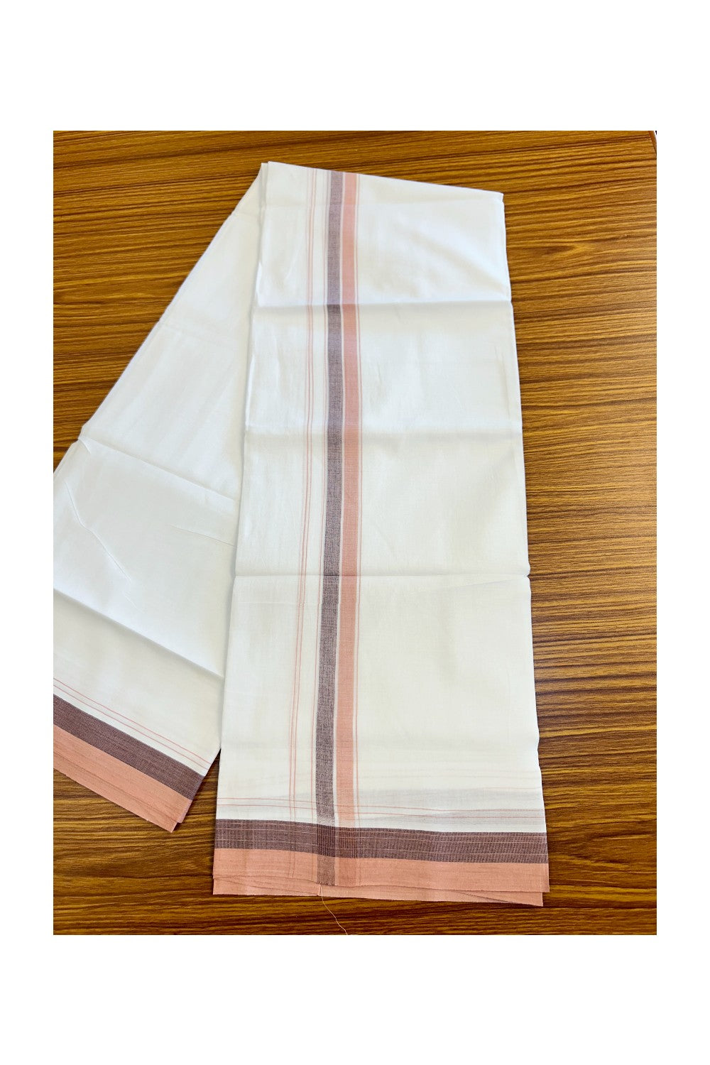 15% DISCOUNT!! Kaitharikada Balaramapuram 100% Cotton Ultra WHITE Double Mundu/Dothi-100x90  2 Inch Brown & Peach kara - 22KK430VAS