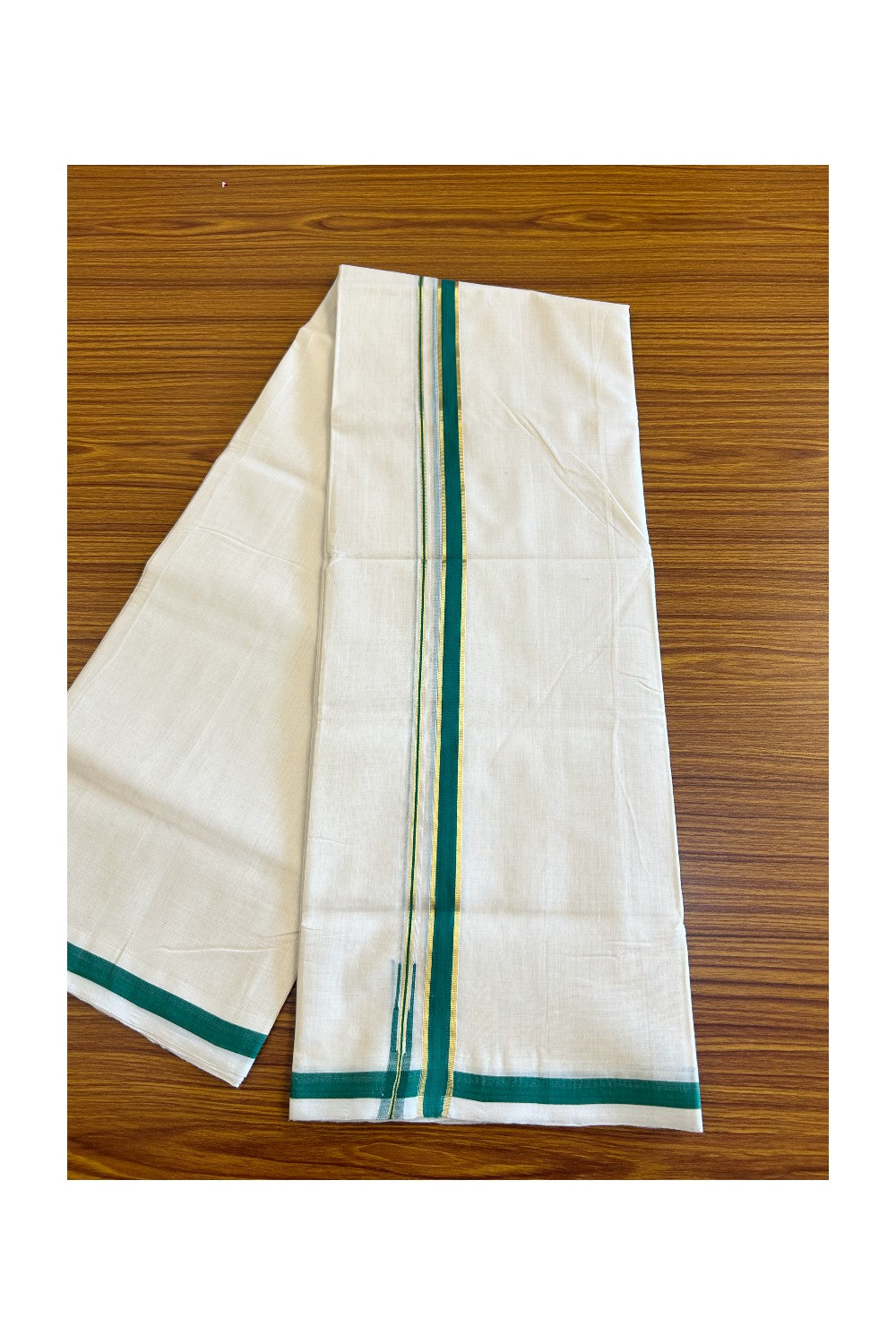 15% Discount!!! KaithariKada HANDLOOM UNAKKUPAAV Balaramapuram - 100% PURE Cotton off white (Unbleached) Double Mundu/Dhoti - 2 cm Green & kasavu Puliyilakkara chutty - 22KK458SOM