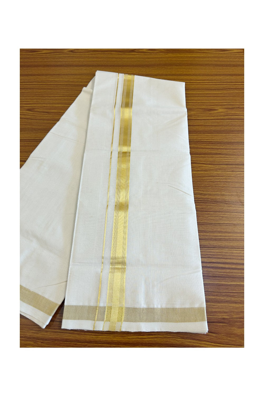 20% DISCOUNT!! KaithariKada HANDLOOM Millpaav Balaramapuram - 100% PURE Cotton OFF White Double Mundu/Dothi -1.75 Inch Kasavu stripes Kara - 22KK498KK