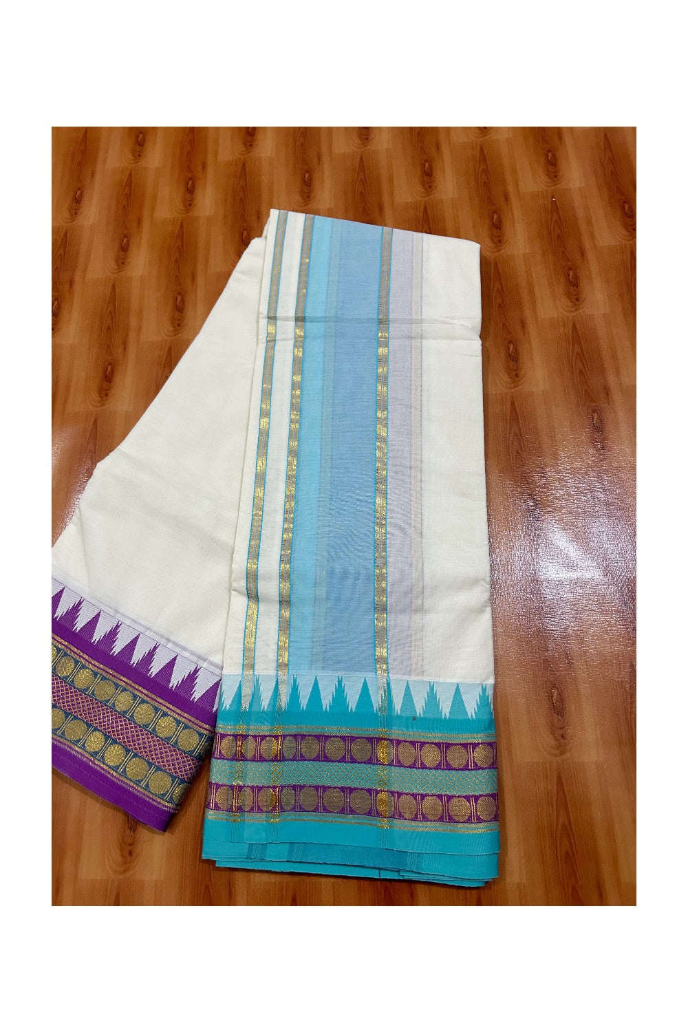 36% DISCOUNT! KaithariKada Cotton Mix  Off White - (Unbleached)- 80x80 thread -80% Cotton & 20% Polyester - NORTH INDIAN  ATTACHED GAMCHA 9X5 Dhoti 5 inch Blue kara with Violet Kasavu border  - 22KK5005PMC