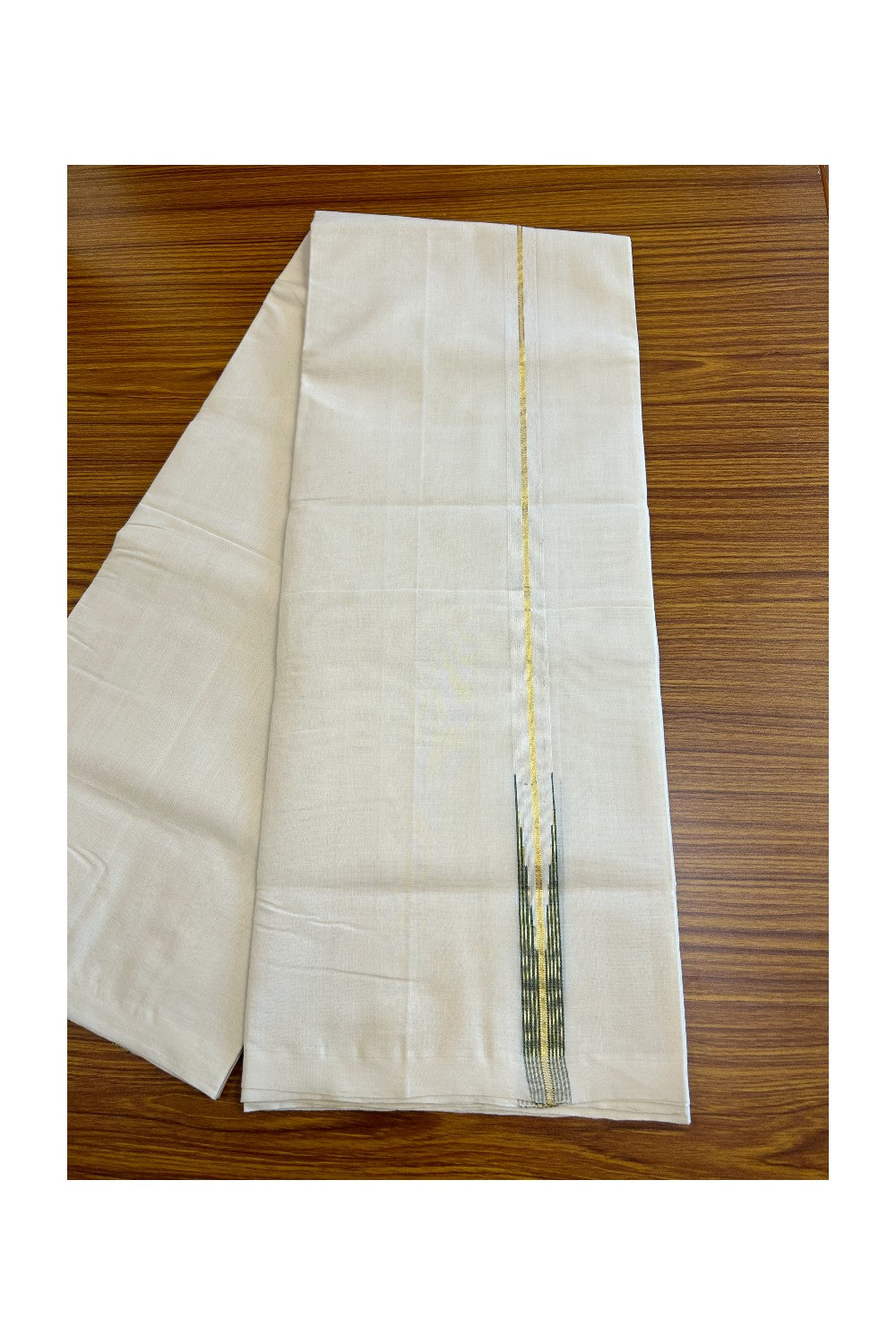 15% DISCOUNT!! KaithariKada HANDLOOM Millpaav Balaramapuram - 100% PURE Cotton OFF White - (Unbleached) Double Mundu/Dothi - 1 inch puliyilakkara Kasavu & Green striped chutty - 22KK5011RAM