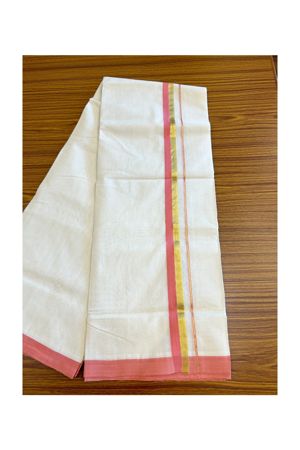 15% KaithariKada HANDLOOM UNAKKUPAAV Balaramapuram - 100% PURE Cotton Off white (Unbleached) Double Mundu/Dhoti - 1.5 inch  Peach Kara & Gold Kasavu-85