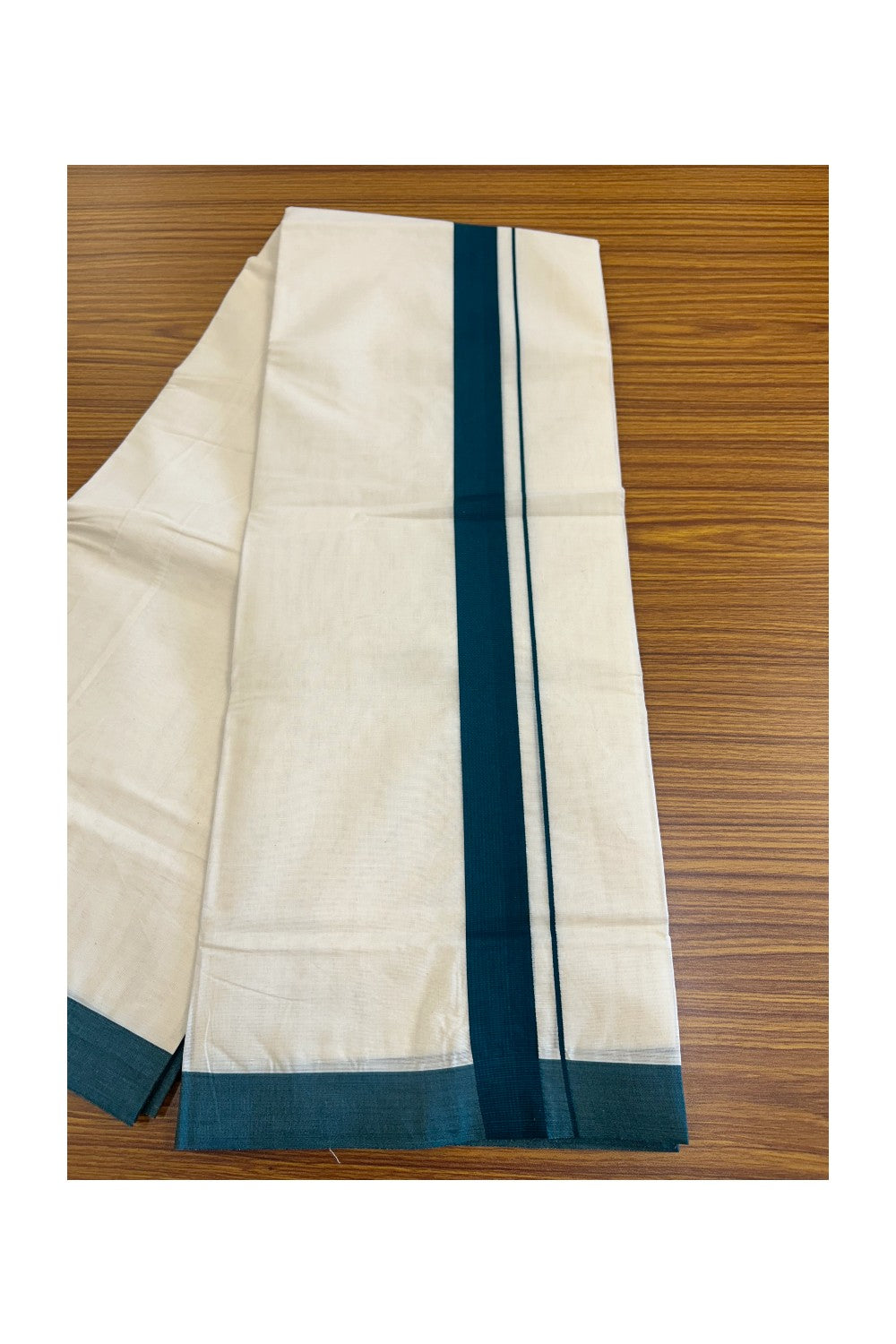 15% Discount KaithariKada Balaramapuram 100% Cotton Double Off white - (Unbleached) - Mundu/Dhoti- 100x100 - 1.75 inch Dark Green Kara - 7