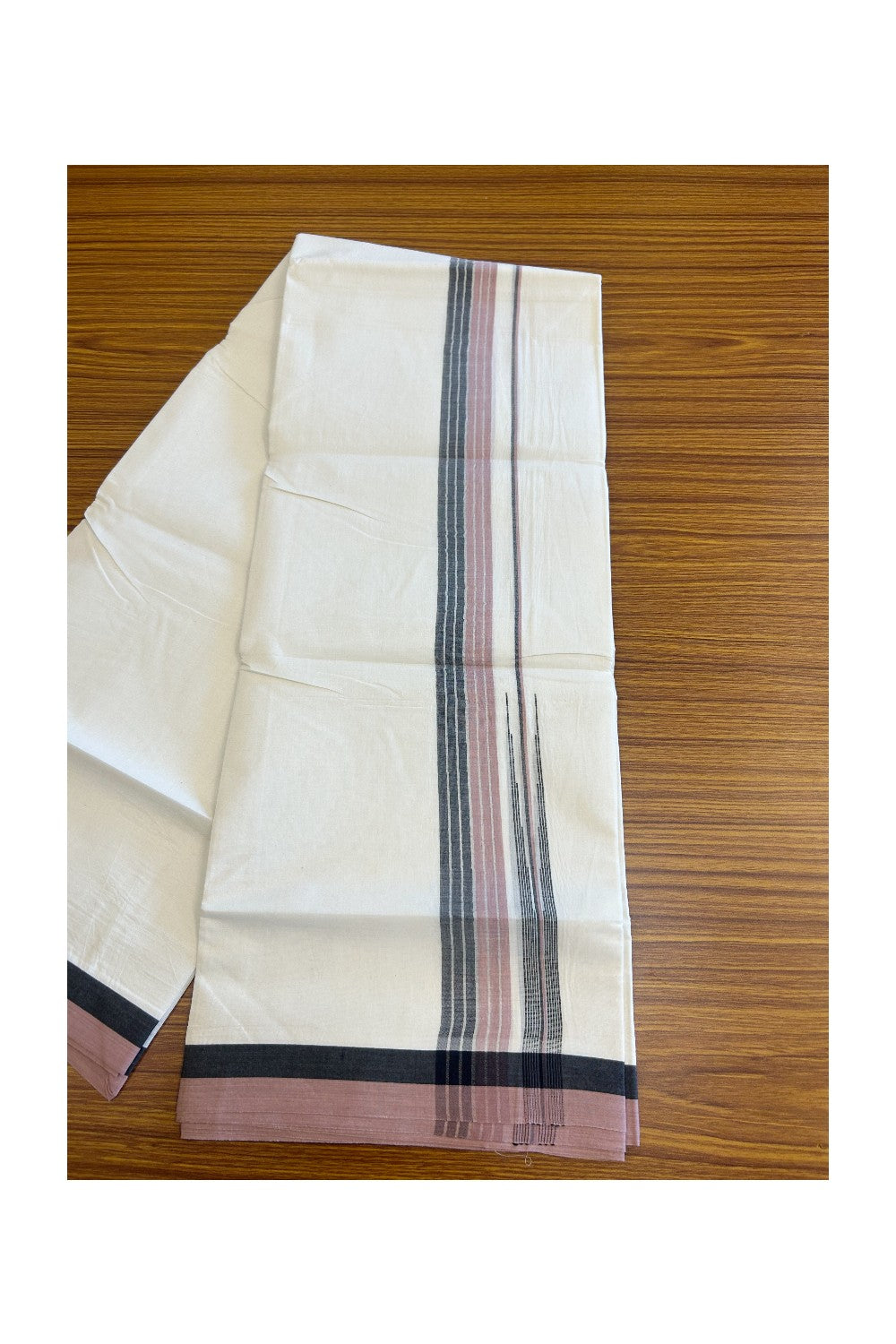 19% Discount!!! KaithariKada Balaramapuram  Double Off white - (Unbleached) Mundu/Dhoti - 80X90 - 1.75 inch Black & Dusty Rose Silver puliyilakkara chutty Striped Kara 3.85 meters - 23KK5058GUN