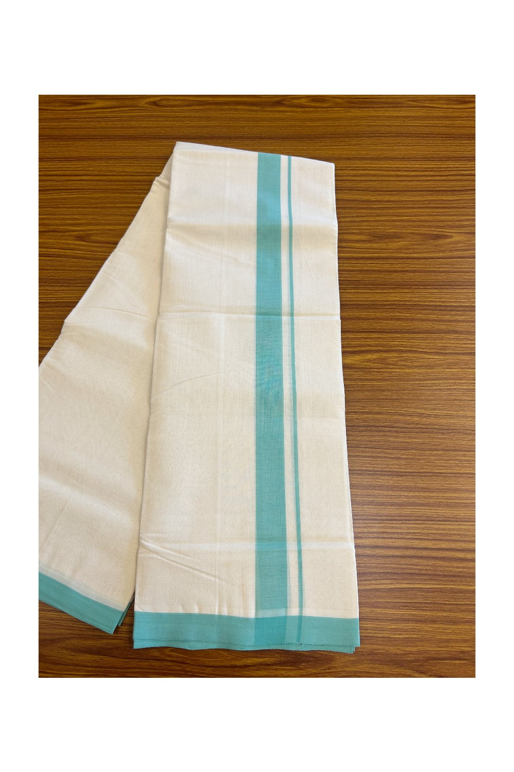 15% Discount! KaithariKada Balaramapuram Handloom 100% Millpaav Cotton Double Mundu/Dhoti Off white (Unbleached) -100x100 Light Turquoise Green Mulloth Border 3.60m- KK30RAM