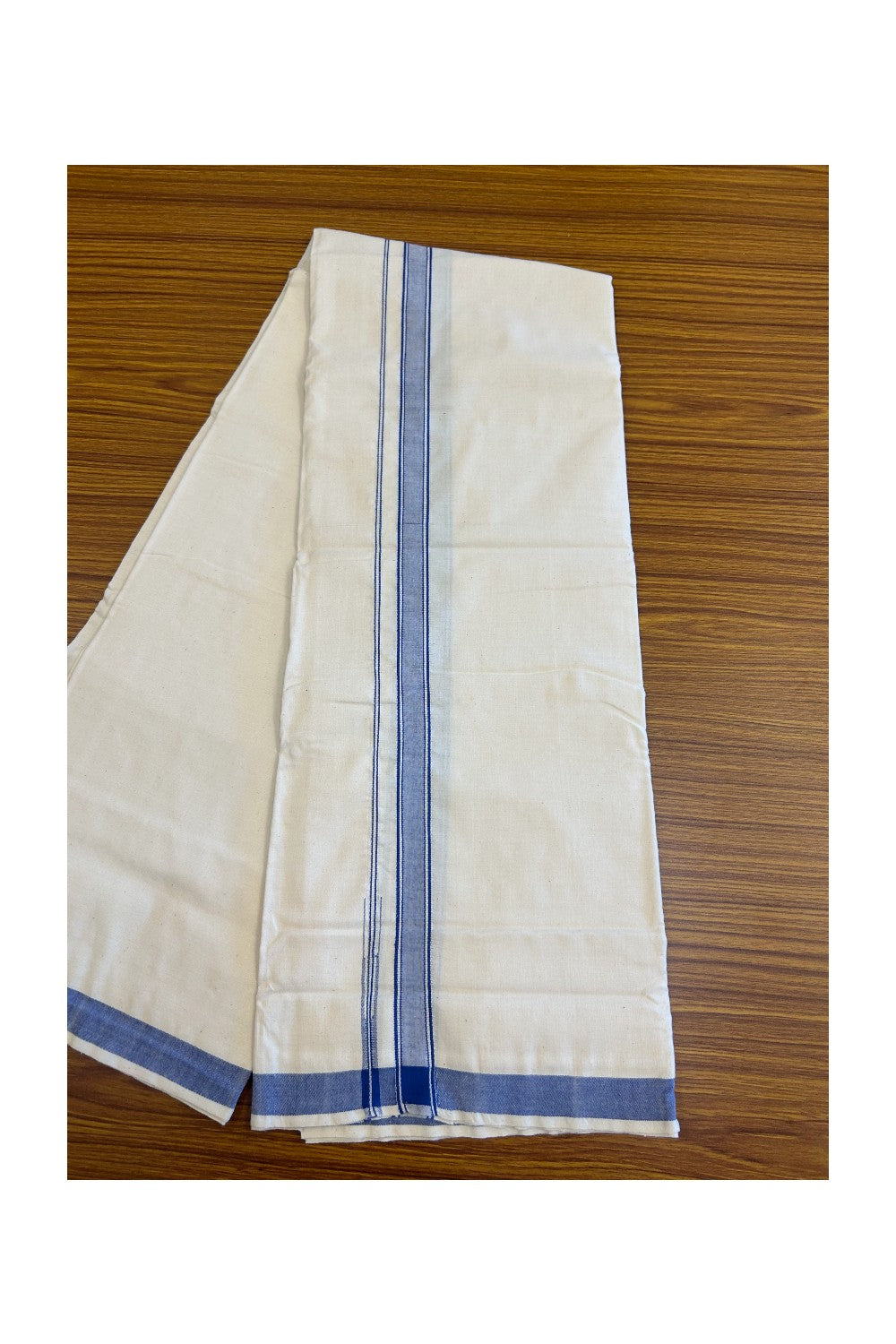 30% Discount ! KaithariKada 100% Cotton Balaramapuram HANDLOOM Single Mundu/Dhoti - Off White (Unbleached) 1.Inch Blue Striped Puliyilakkara Chutty.